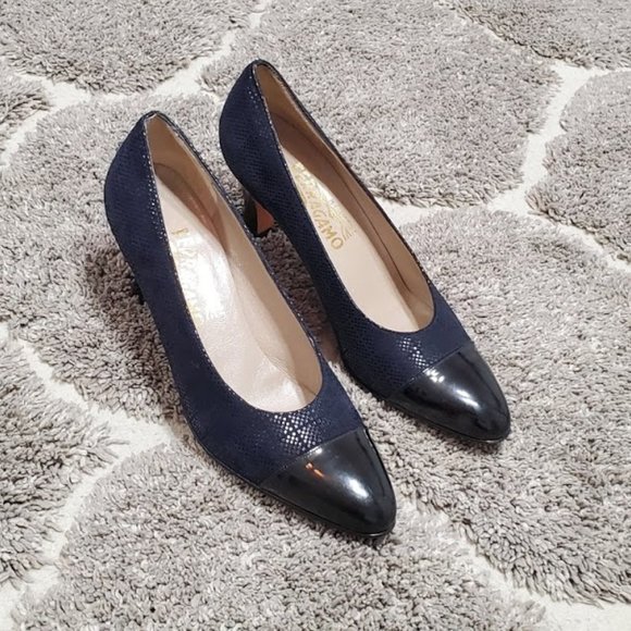 Salvatore Ferragamo Shoes - Salvatore Ferragamo Navy Suede Black Cap Toe Heels